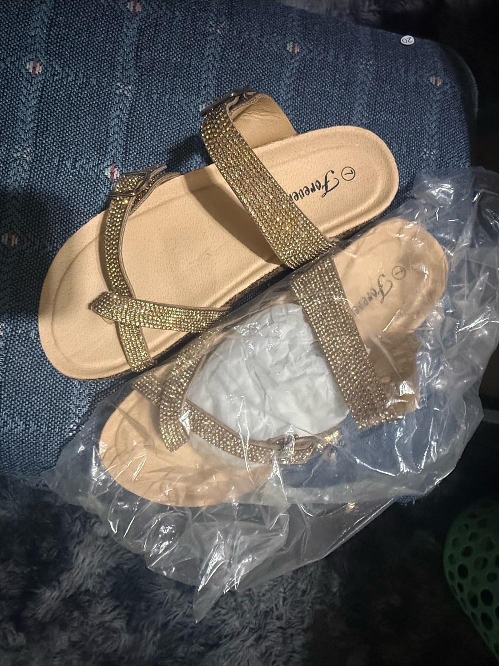 Forever 21 Women's Gold Rhinestone Strappy Slide Sandals